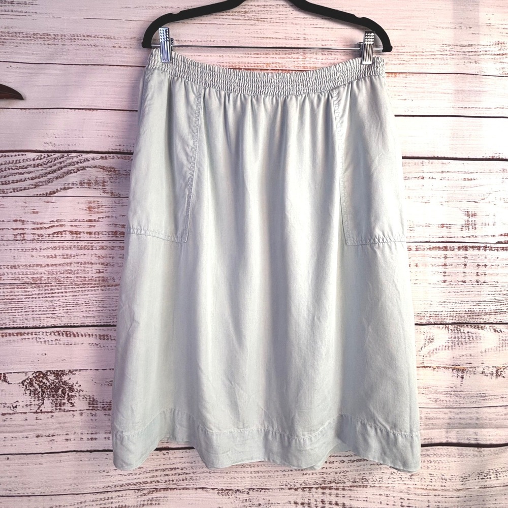 100% Linen Skirt Caslon L Light Blue Knee Elastic Smocked Pockets Flowy